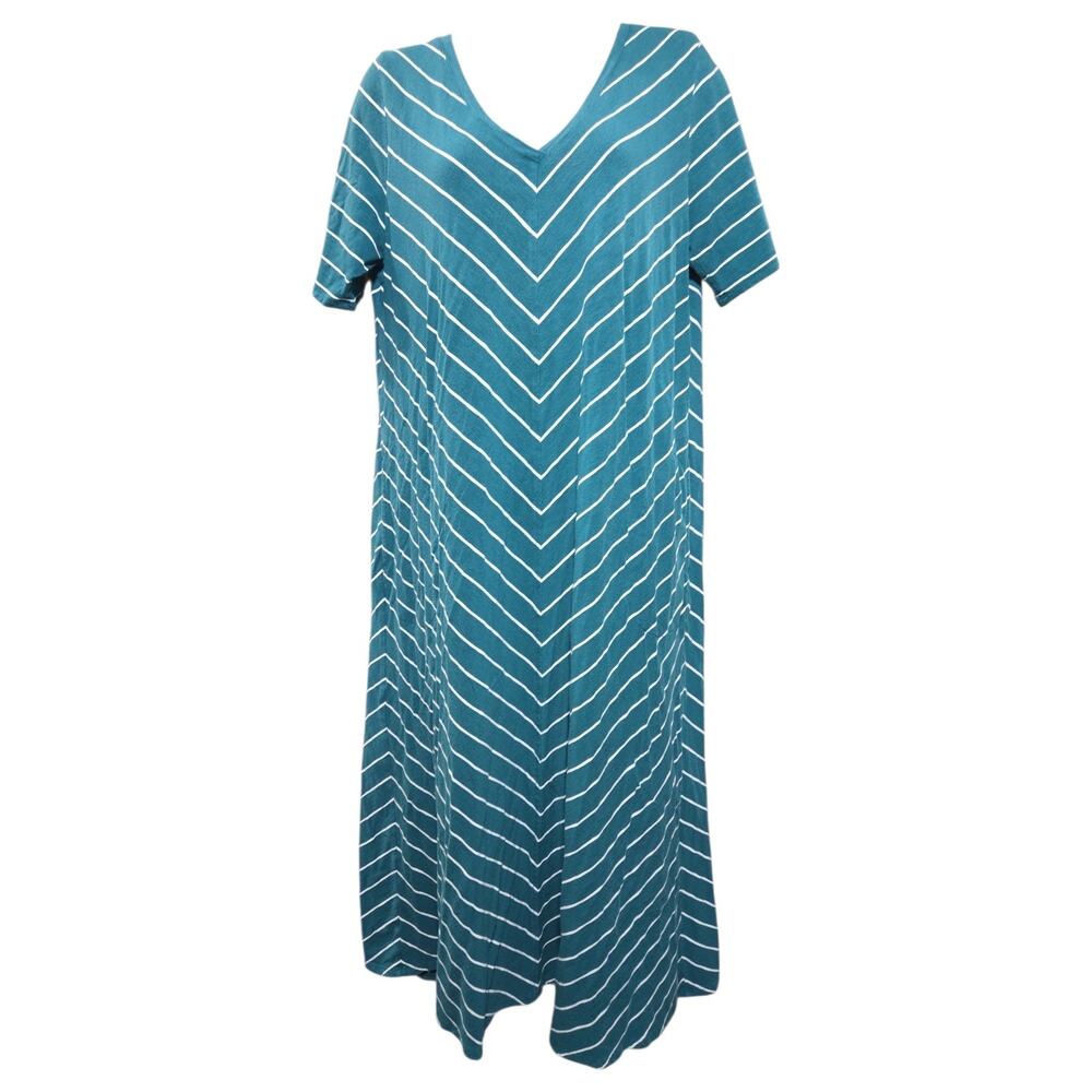 J Jill Wom LG Petite Teal Chevron Striped Short Sleeve Maxi Dress Pockets Summer